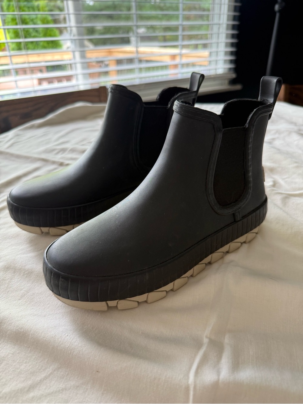 Sperry Black Chelsea Rain Boots with Cream Sole